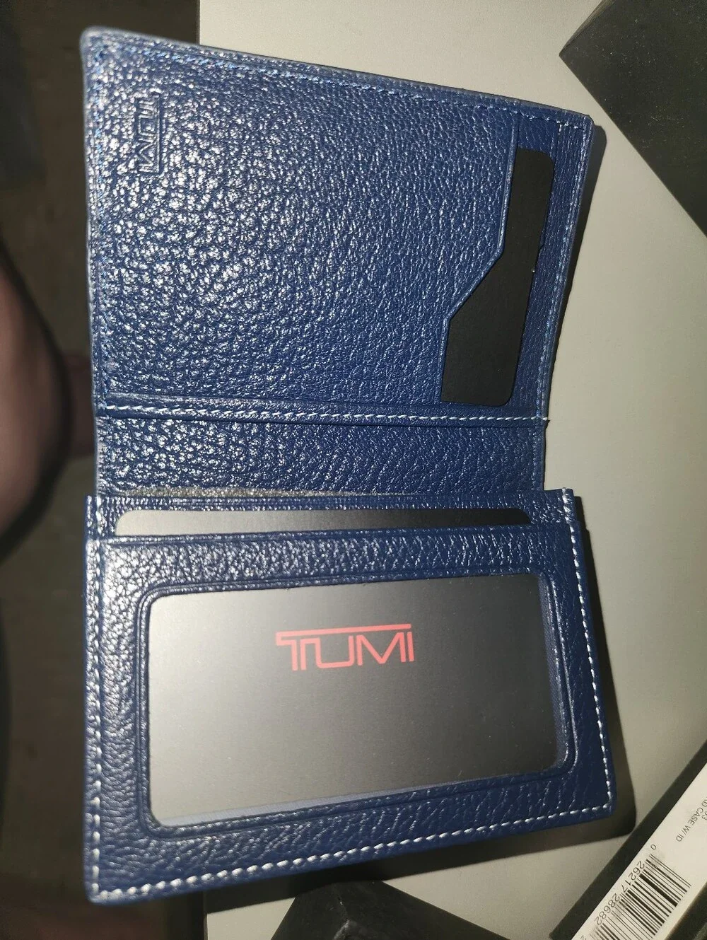Tumi Navy Pebbled Leather Card & Key Holder with Silver Tone Logo